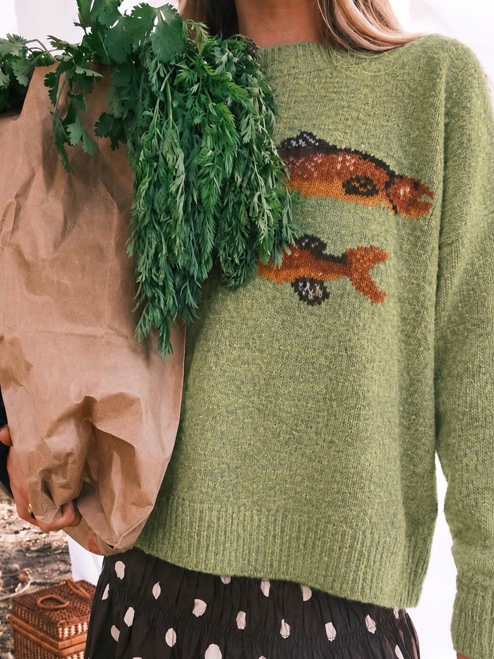Bailey Rose Cozy Fish Pattern Sweater Basil S